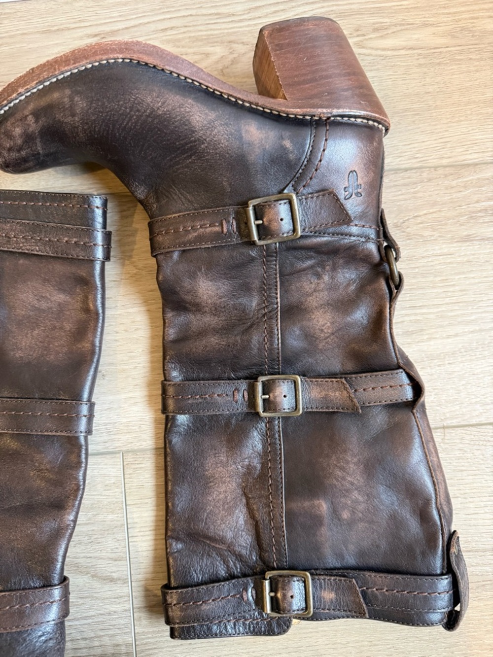 Frye Women's Dark Brown Distressed Leather Mid-Calf Carmen 3 Strap Boots - Picture 5 of 12